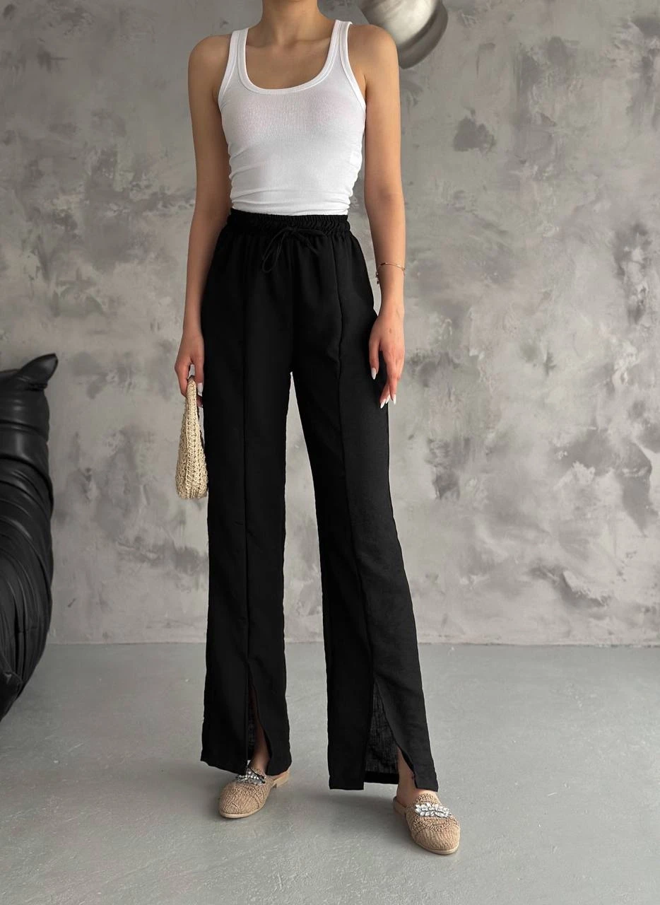 Kadın Siyah Lastikli Bel Yırtmaç Detaylı Cepsiz İthal Keten Astarsız Pantolon HZL24S-FRY121941