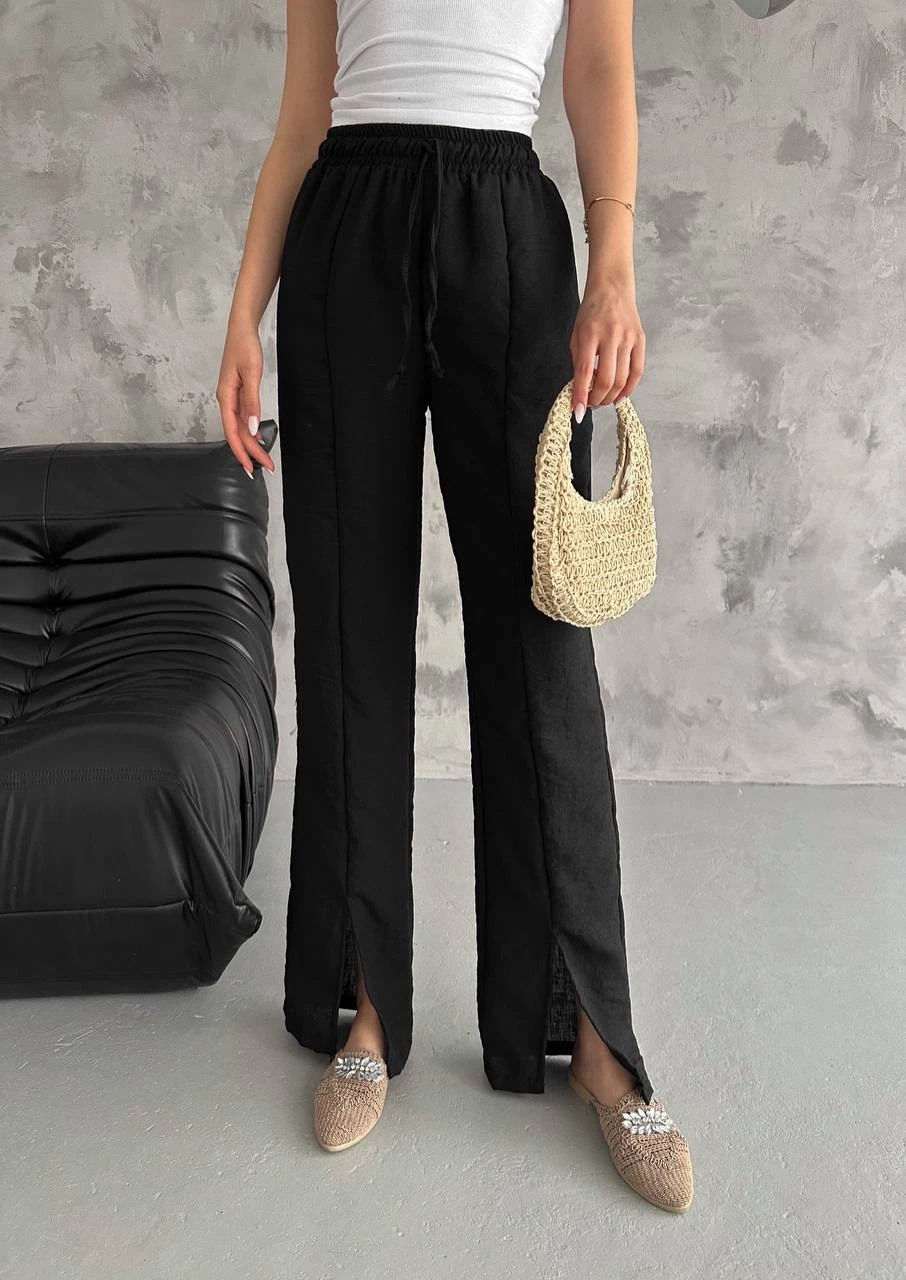 Kadın Siyah Lastikli Bel Yırtmaç Detaylı Cepsiz İthal Keten Astarsız Pantolon HZL24S-FRY121941