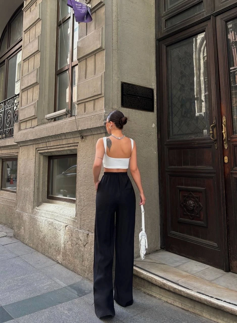 Kadın Siyah Yüksel Bel Lastikli Beli Bağlamalı Cepli Geniş Paça Pantolon HZL24S-VL191151