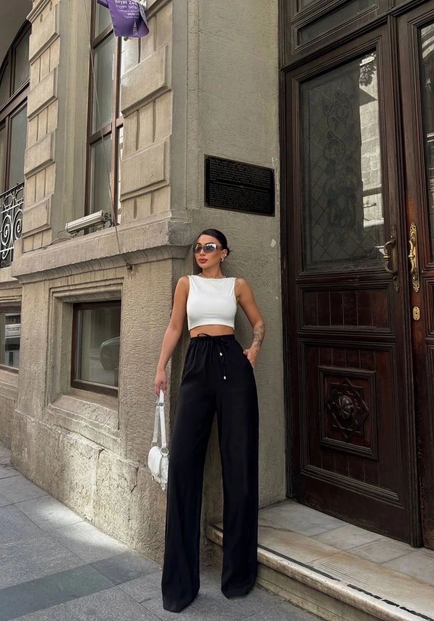 Kadın Siyah Yüksel Bel Lastikli Beli Bağlamalı Cepli Geniş Paça Pantolon HZL24S-VL191151