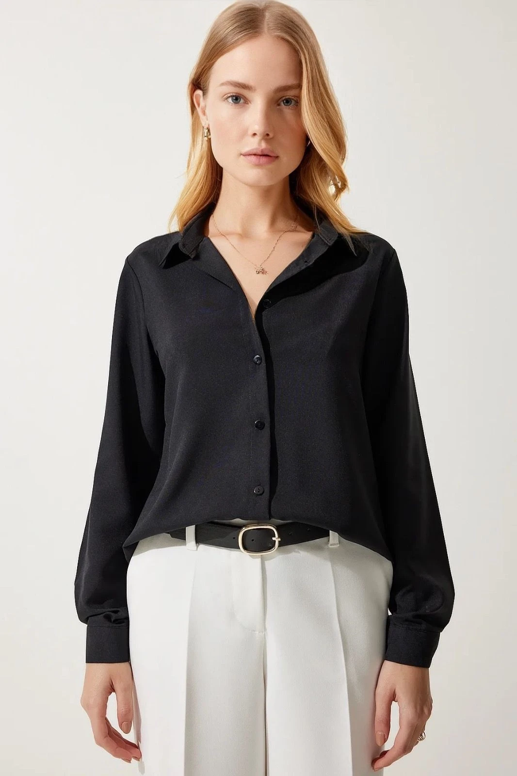 Kadın Siyah Yumuşak Dokulu Basic Gömlek HZL24W-BD1202091