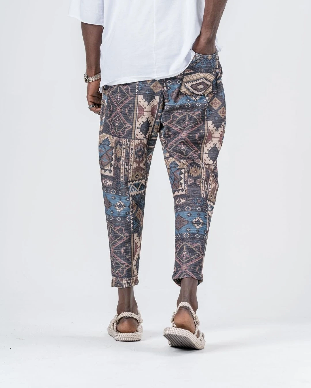 Erkek Camel Mavi Kilim Desenli Beli İp Bağlamalı Düz Kesim Pantolon Eşofman Altı HZL24S-MXC8948-266