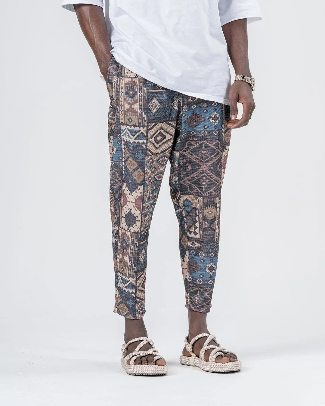 Erkek Camel Mavi Kilim Desenli Beli İp Bağlamalı Düz Kesim Pantolon Eşofman Altı HZL24S-MXC8948-266
