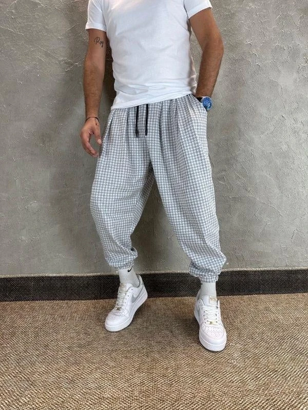 Erkek Ekru Gri etnik desenli Beli ve Paçası Lastikli Eşofman Altı HZL24S-MXC8989-160