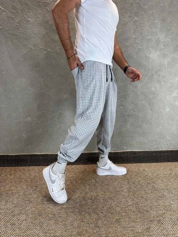 Erkek Ekru Gri etnik desenli Beli ve Paçası Lastikli Eşofman Altı HZL24S-MXC8989-160