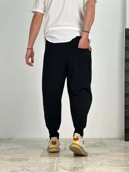 Erkek Siyah Beli İp Bağlamalı Bol Kesim Cepli Pantolon Eşofman Altı HZL24S-MXC9019-25