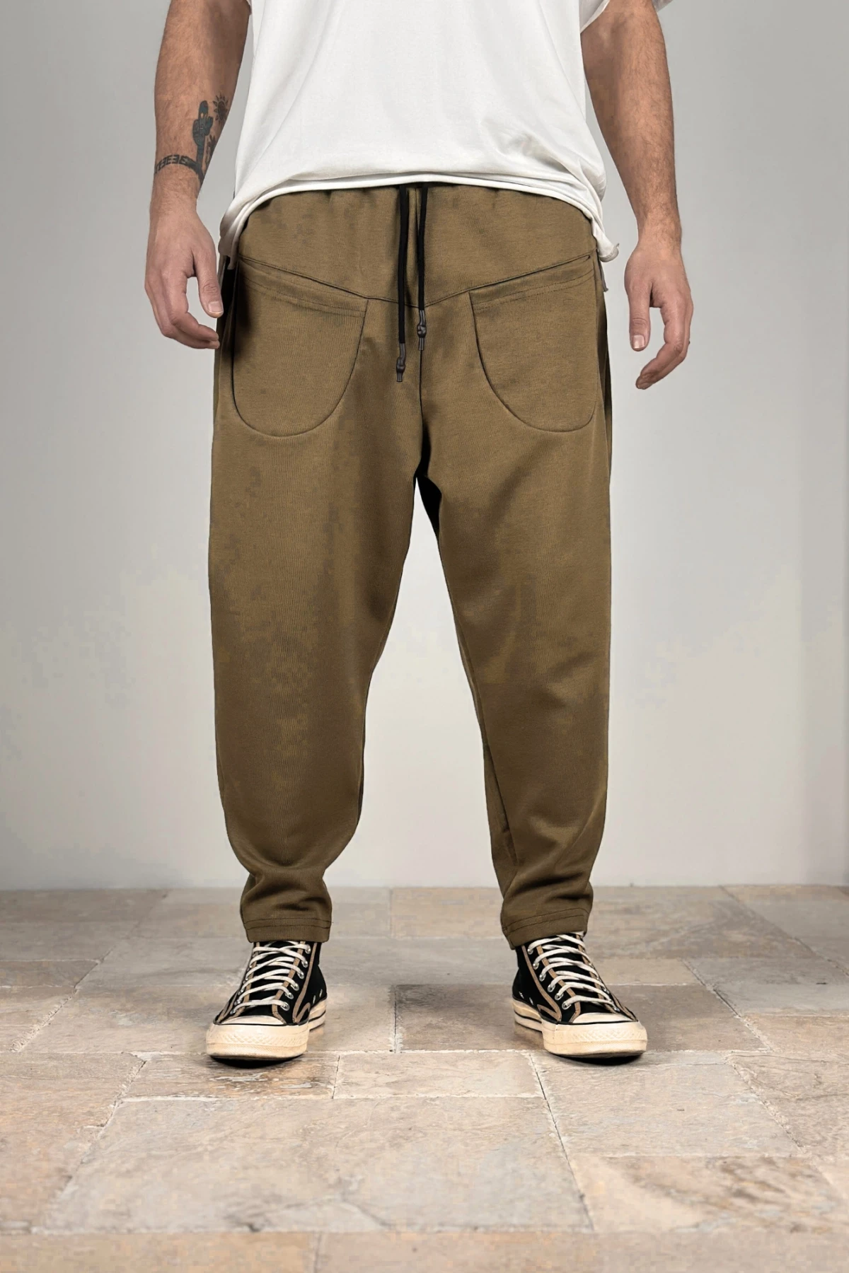 Erkek Taş İp Bağlamalı Düz Kesim Cepli Pantolon Eşofman Altı HZL24S-MXC8942-021