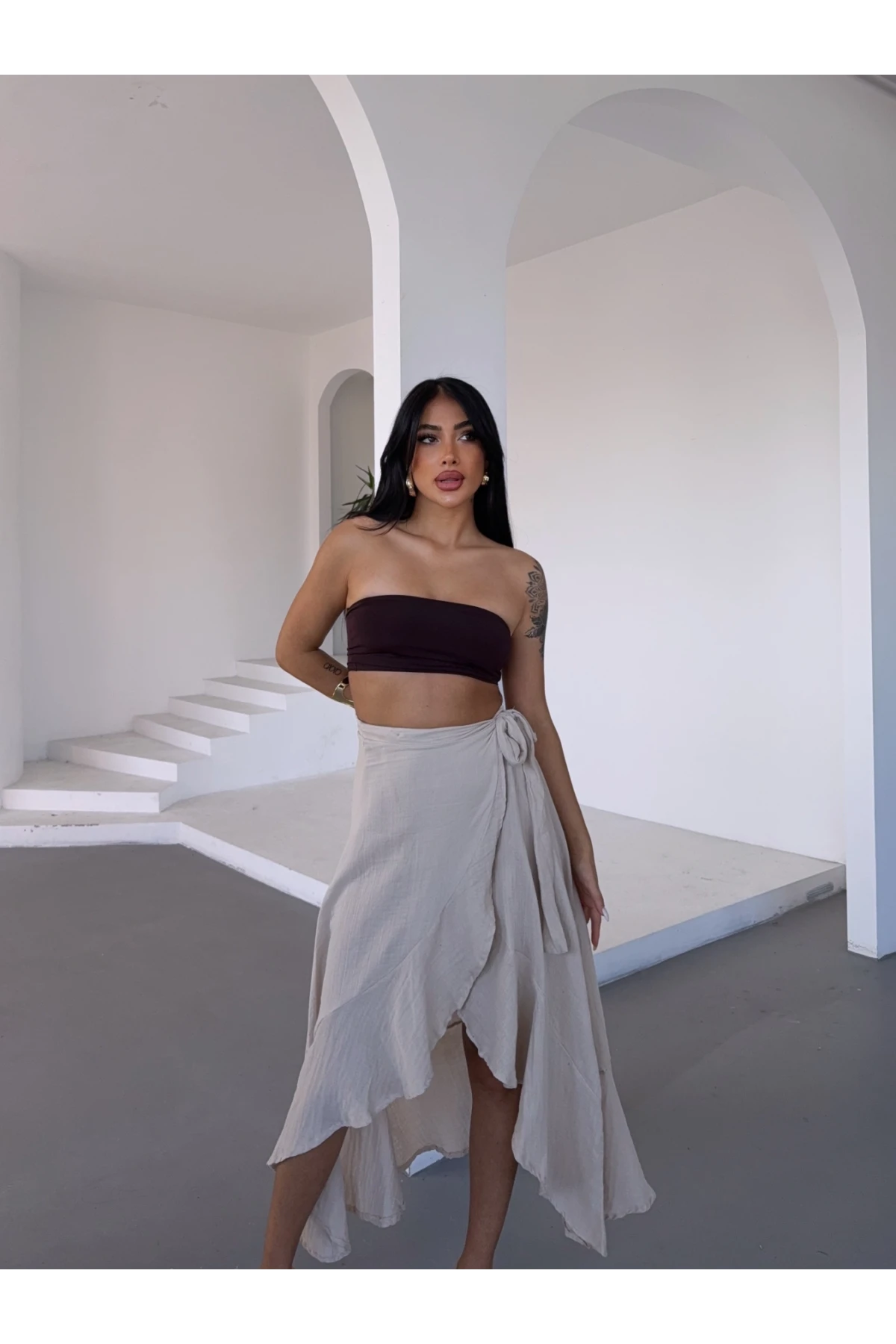 Kadım Bej Belden Bağlamalı Asimetrik Müslin Etek HZL25S-DSB117801