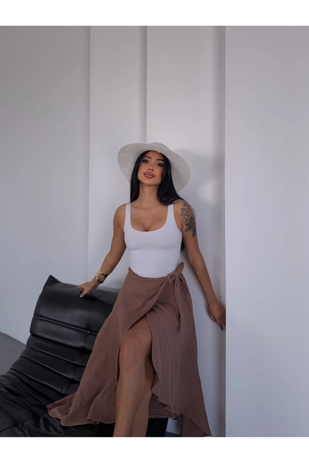 Kadım Camel Belden Bağlamalı Asimetrik Müslin Etek HZL25S-DSB117801