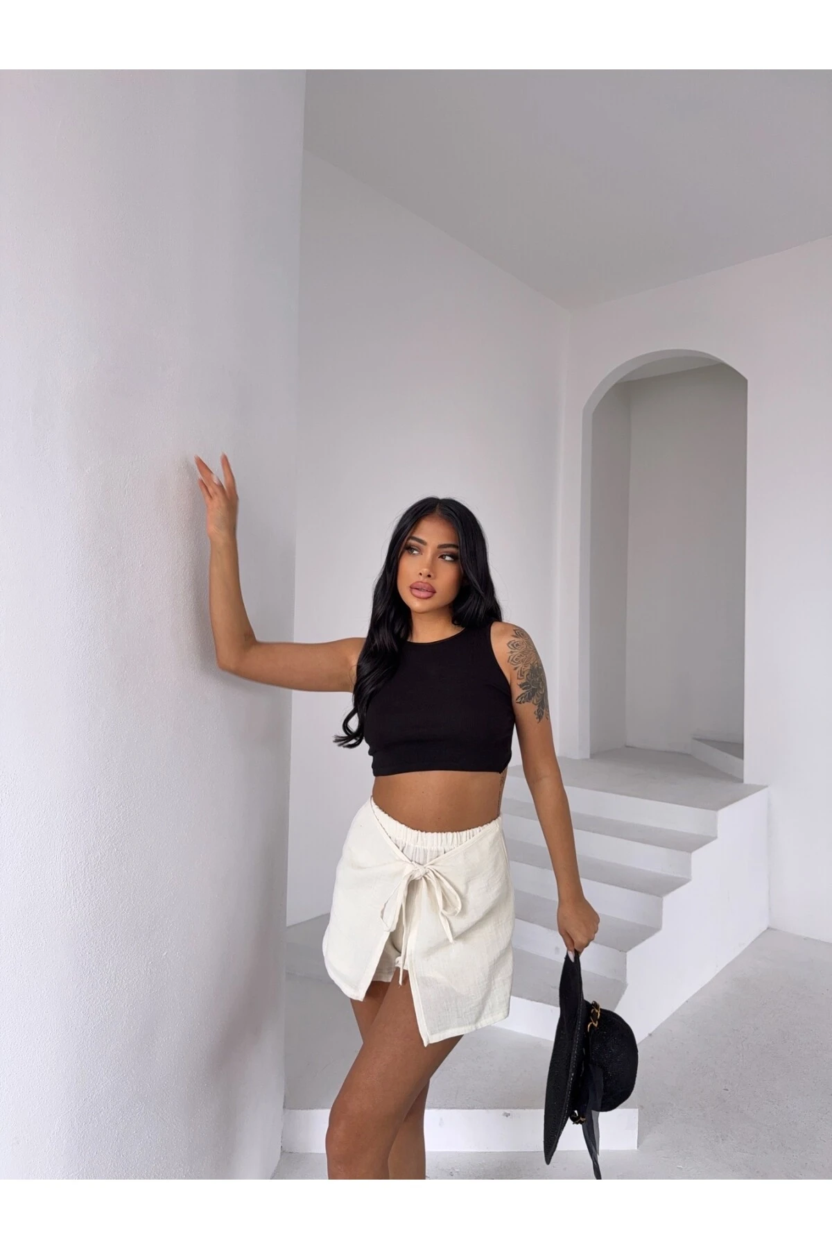 Kadın Açık Krem Bağlama Detay Müslin Şort HZL25S-DSB2323
