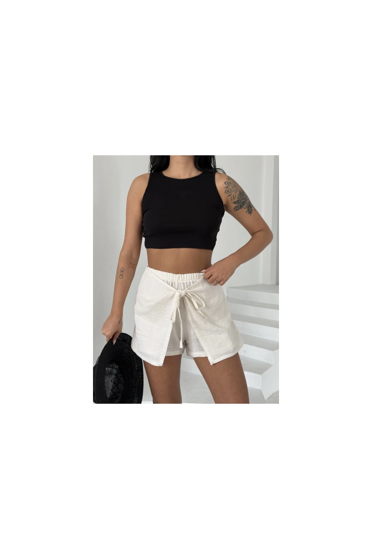 Kadın Açık Krem Bağlama Detay Müslin Şort HZL25S-DSB2323