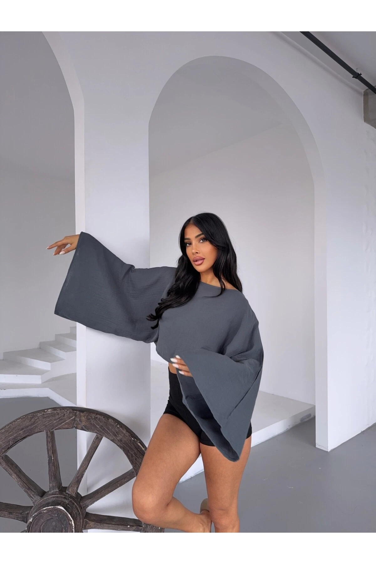 Kadın Antrasit Panço Model Müslin Bluz HZL25S-DSB16161