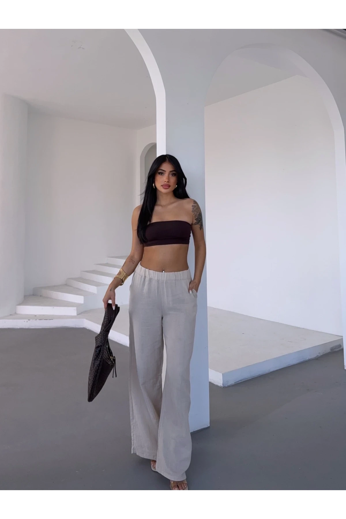 Kadın Bej Beli Lastikli Müslin Kumaş Bol Paça Pantolon HZL25S-DSB12221