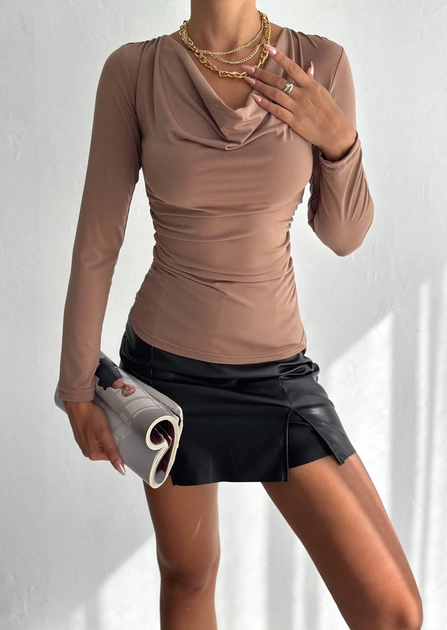 Kadın Bej Degaje Yaka Yandan Büzgülü Uzun Kol Sandy Bluz HZL24W-FRY122481