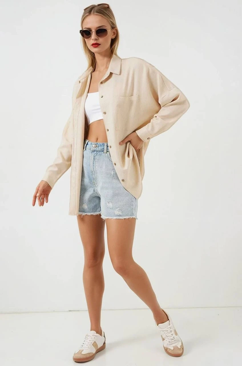 Kadın Bej Oversize Çift Cepli Keten Gömlek HZL22S-BD1201261