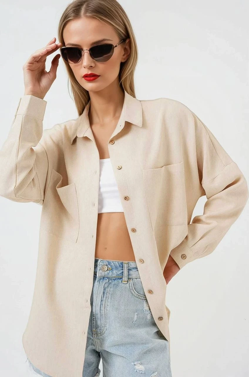 Kadın Bej Oversize Çift Cepli Keten Gömlek HZL22S-BD1201261