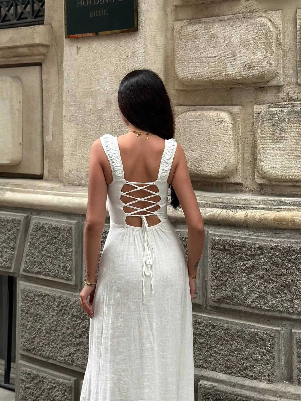 Kadın Beyaz Arkadan İp Bağlamalı Yırtmaç Detaylı Keten Elbise HZL25S-ZK11241