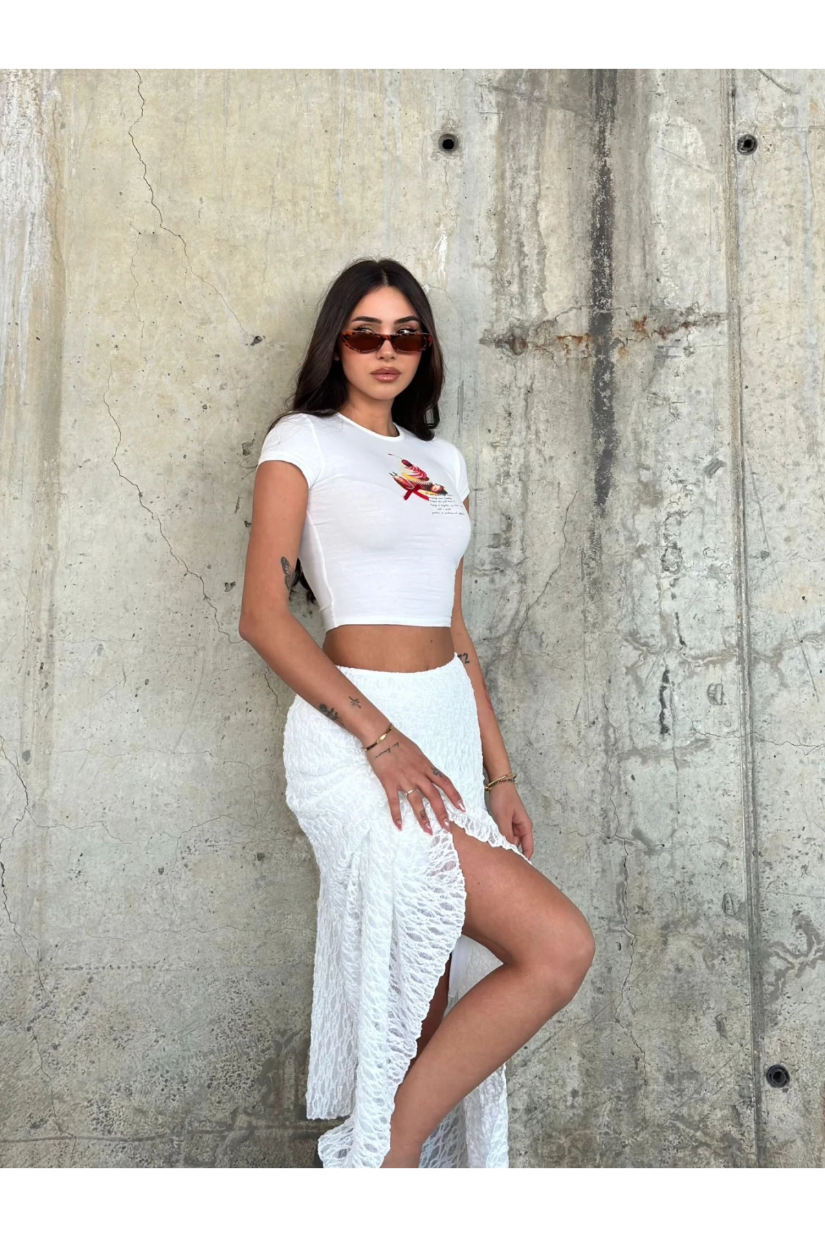 Kadın Beyaz Asimetrik Kesim Astarlı Dantel Etek HZL25S-ZK13571