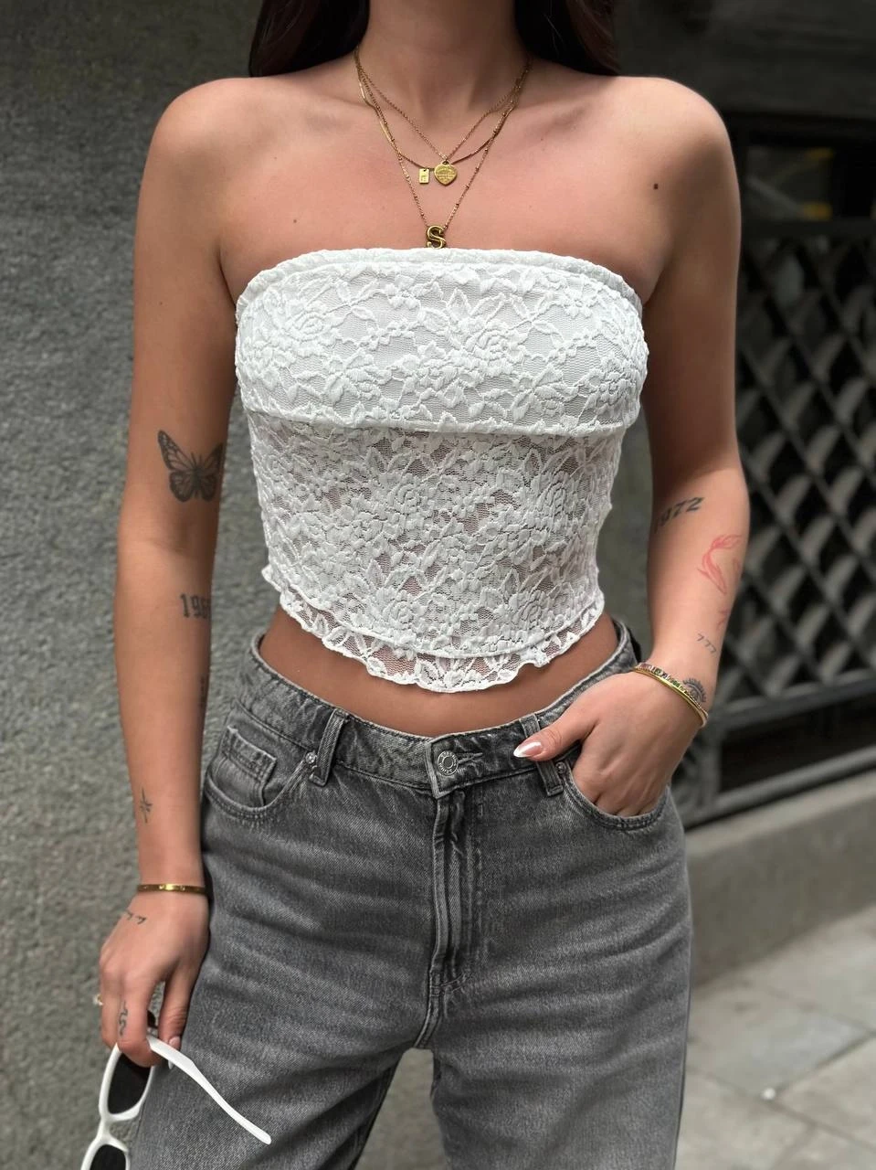 Kadın Beyaz Astarlı Dantel Straplez Bluz HZL25S-ZK11251