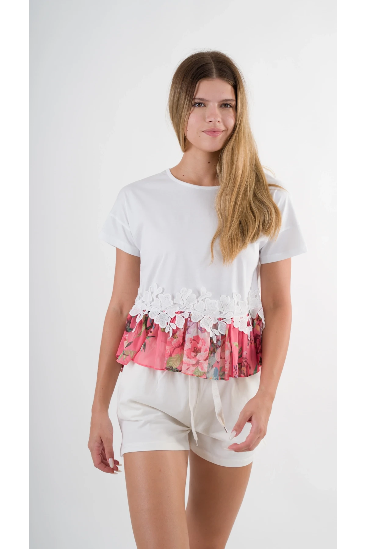 Kadın Beyaz Dantel Çiçek Desenli Bisiklet Yaka Bluz HZL24S-YY256