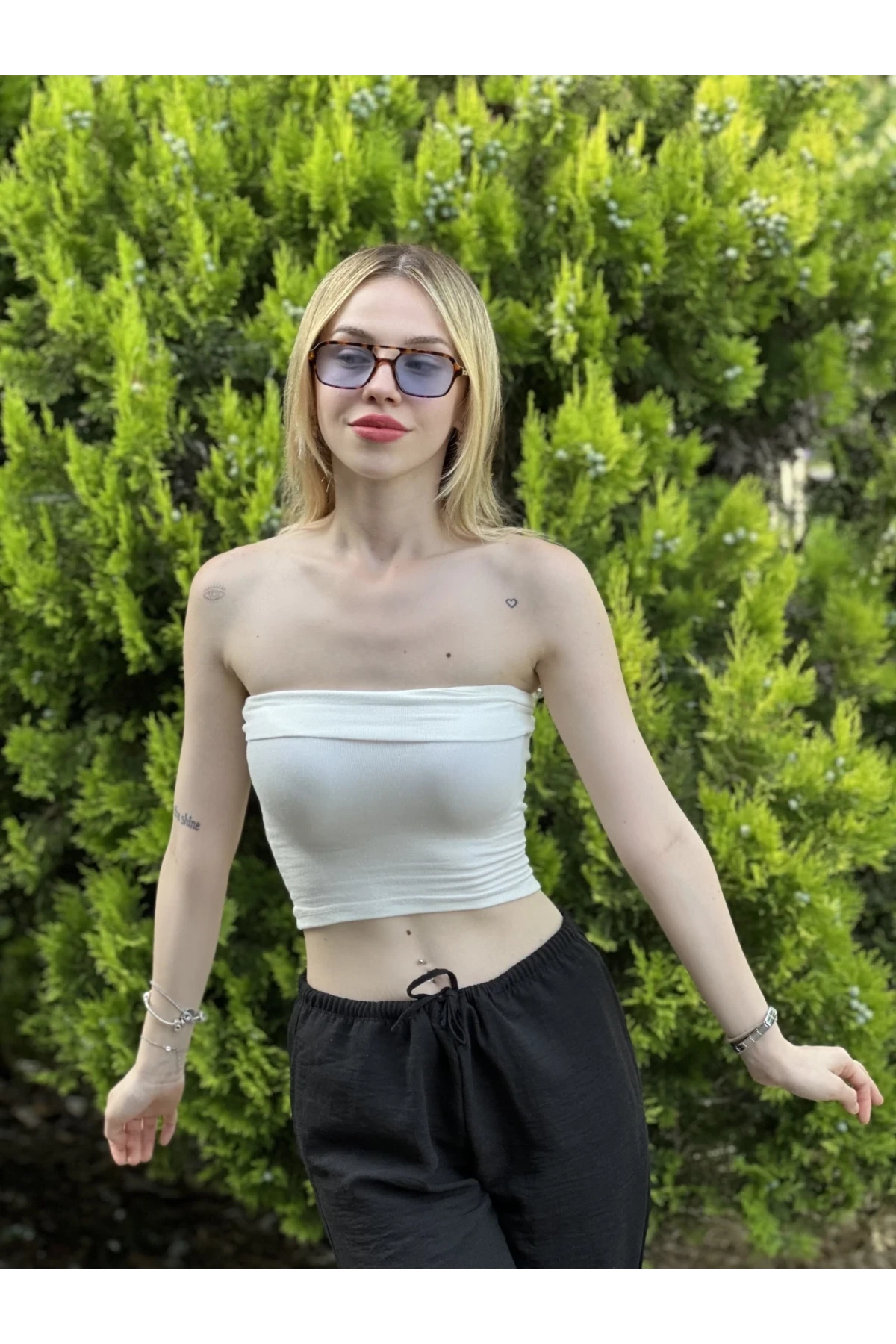 Kadın Beyaz Katlamalı Straplez Bluz HZL24S-ZK11301