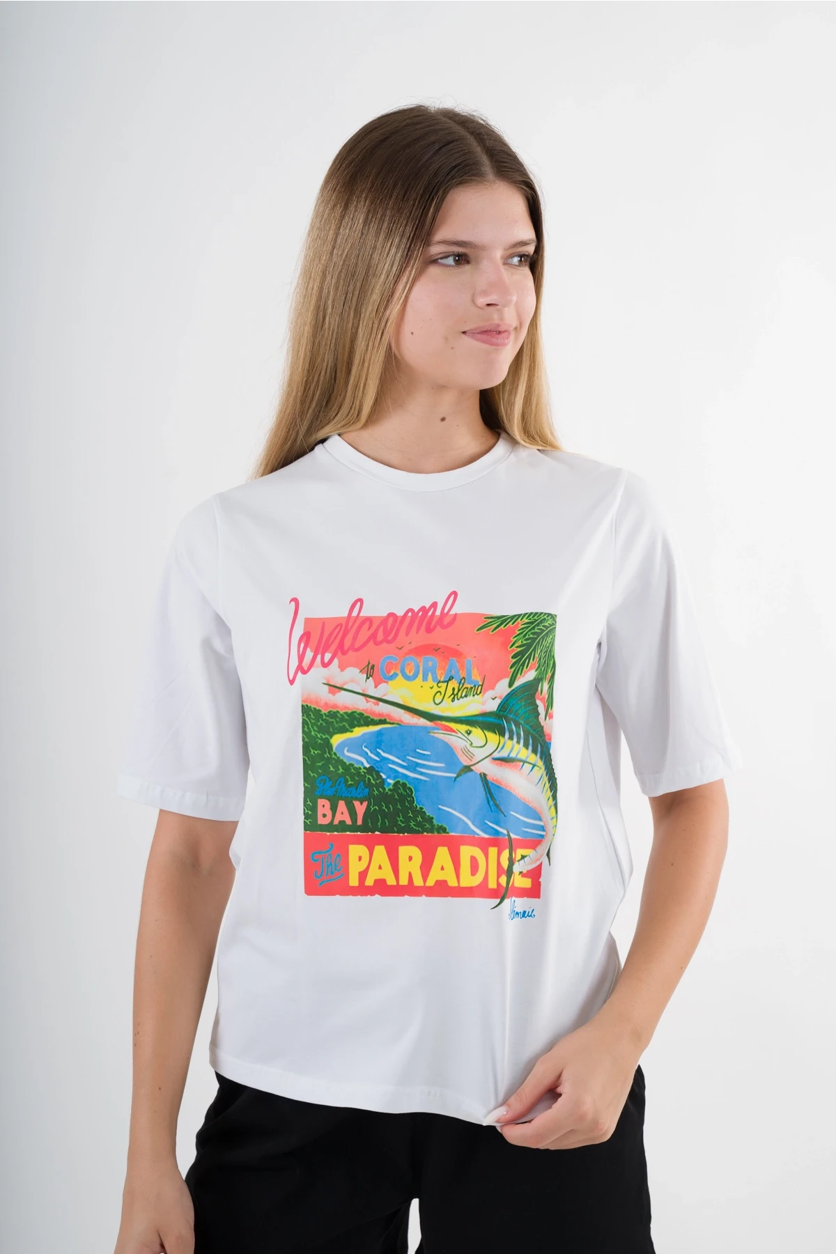 Kadın Beyaz Paradise Baskılı Bisiklet Yaka T-Shirt HZL24S-YY302