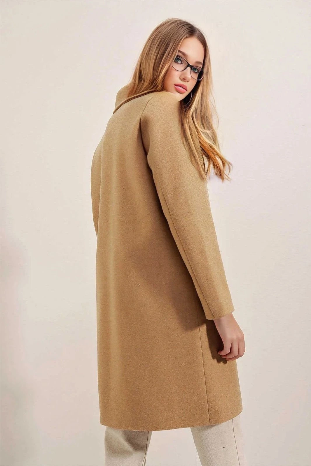 Kadın Bisküvi Tek Düğmeli Çift Cepli Astarlı Şık Kaşe Kaban HZL23W-BD190851