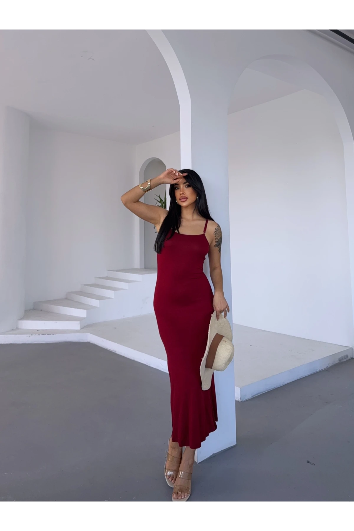 Kadın Bordo Ayarlanabilir Askılı Midi Boy Elbise HZL25S-FRY122921