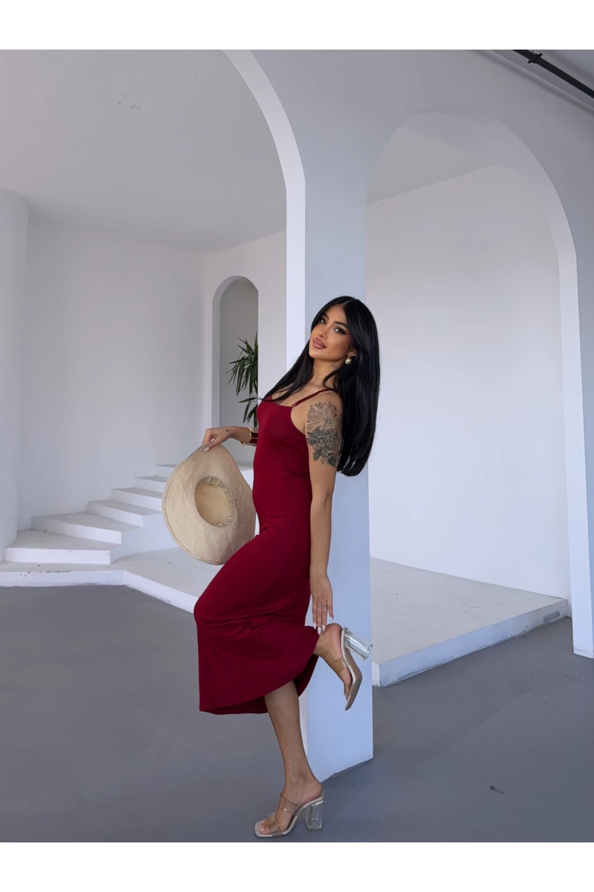 Kadın Bordo Ayarlanabilir Askılı Midi Boy Elbise HZL25S-FRY122921