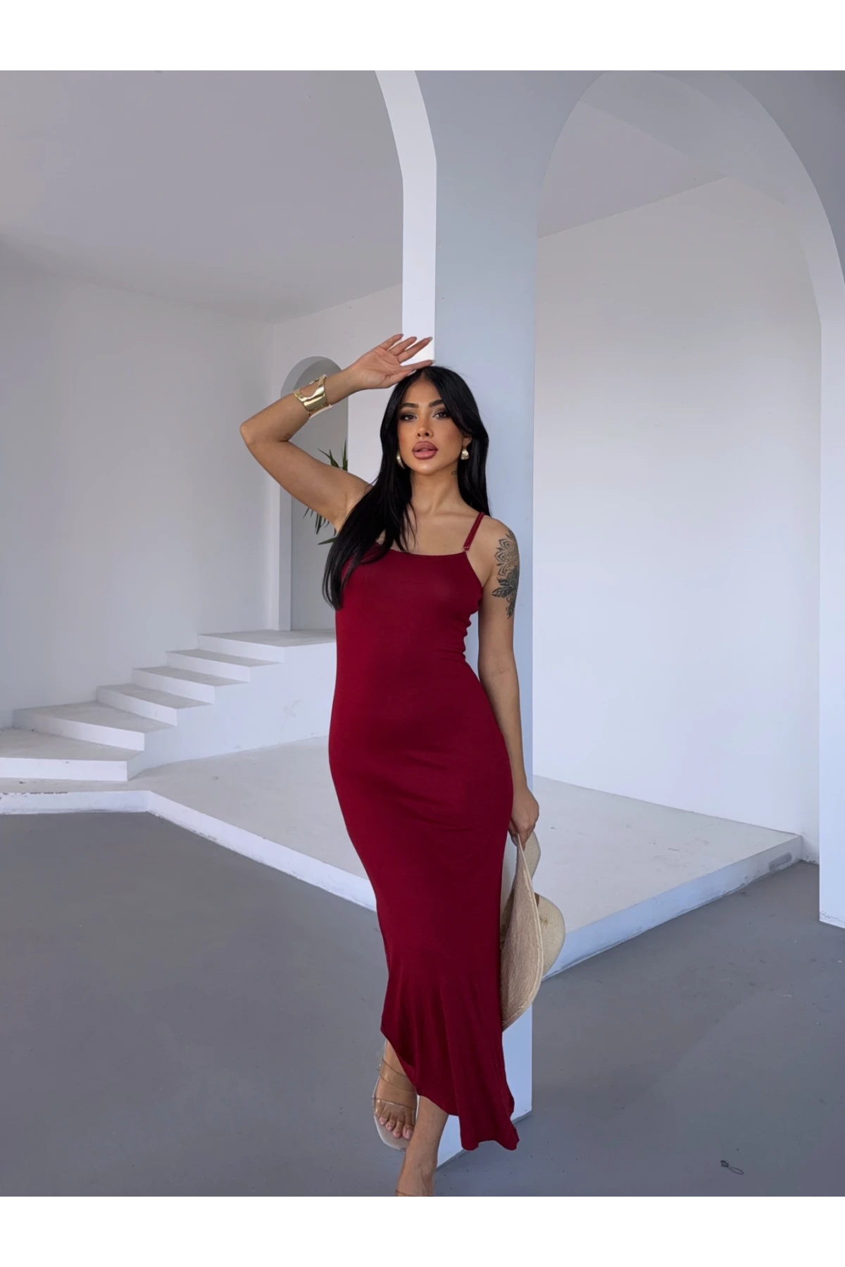 Kadın Bordo Ayarlanabilir Askılı Midi Boy Elbise HZL25S-FRY122921