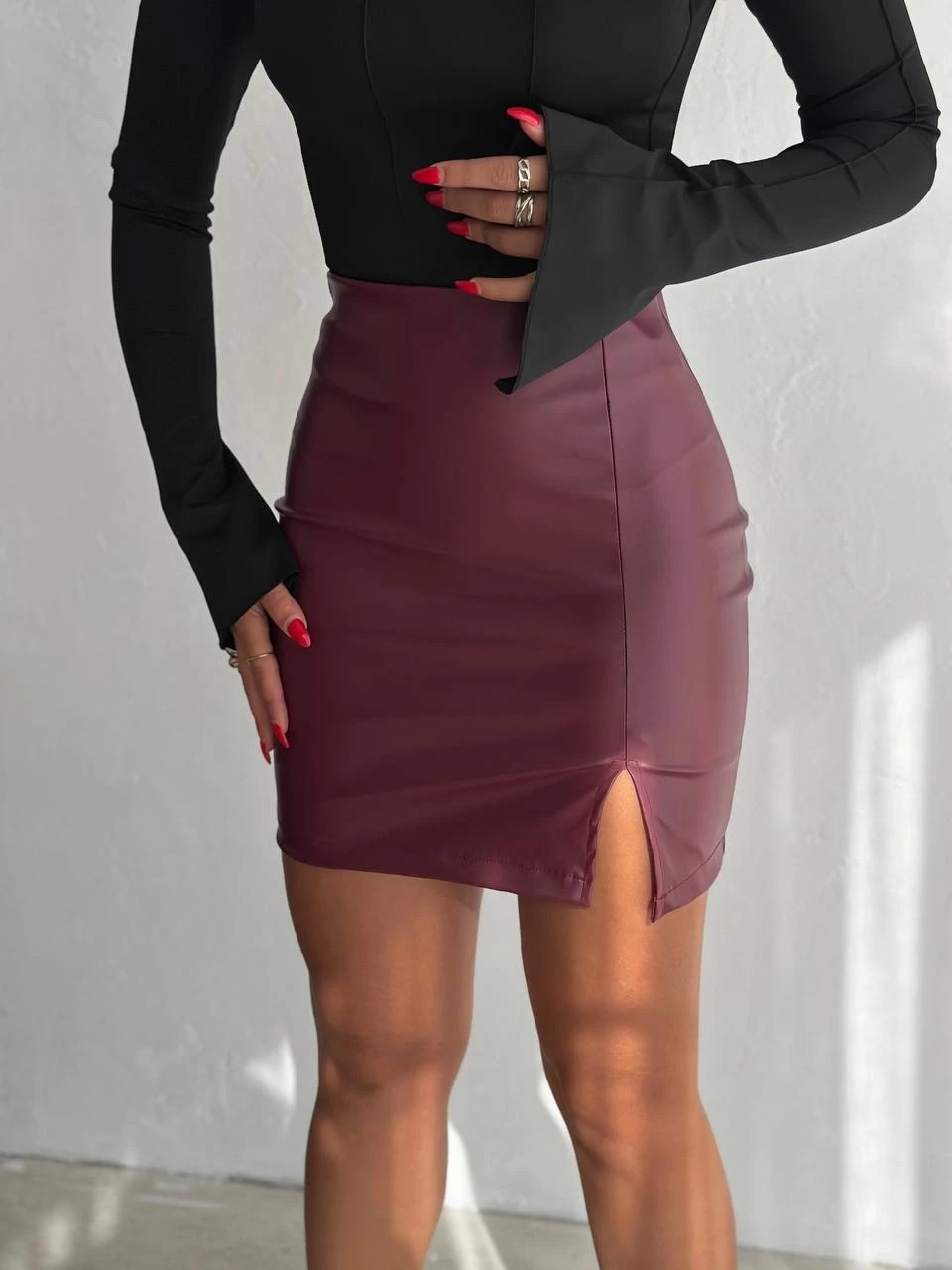 Kadın Bordo Beli Lastikli Yırtmaçlı Mini Etek HZL25W-FRY122421