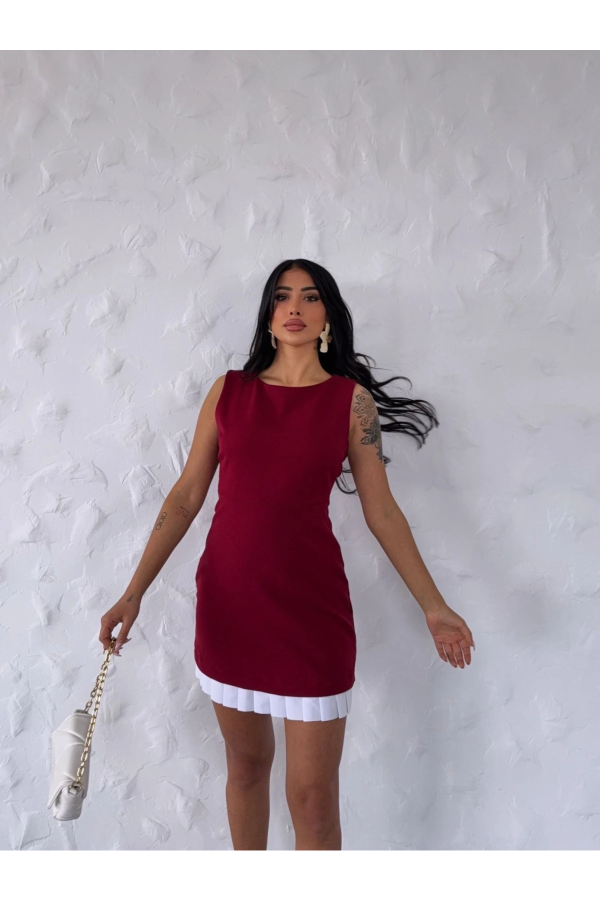 Kadın Bordo Beyaz Pileli İthal Dooble Kumaş Kolsuz Mini Elbise HZL25S-FRY122961