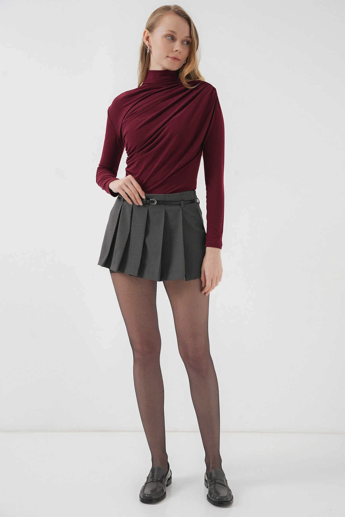 Kadın Bordo Büzgü Detay Balıkçı Yaka Sandy Bluz HZL25W-BD19251