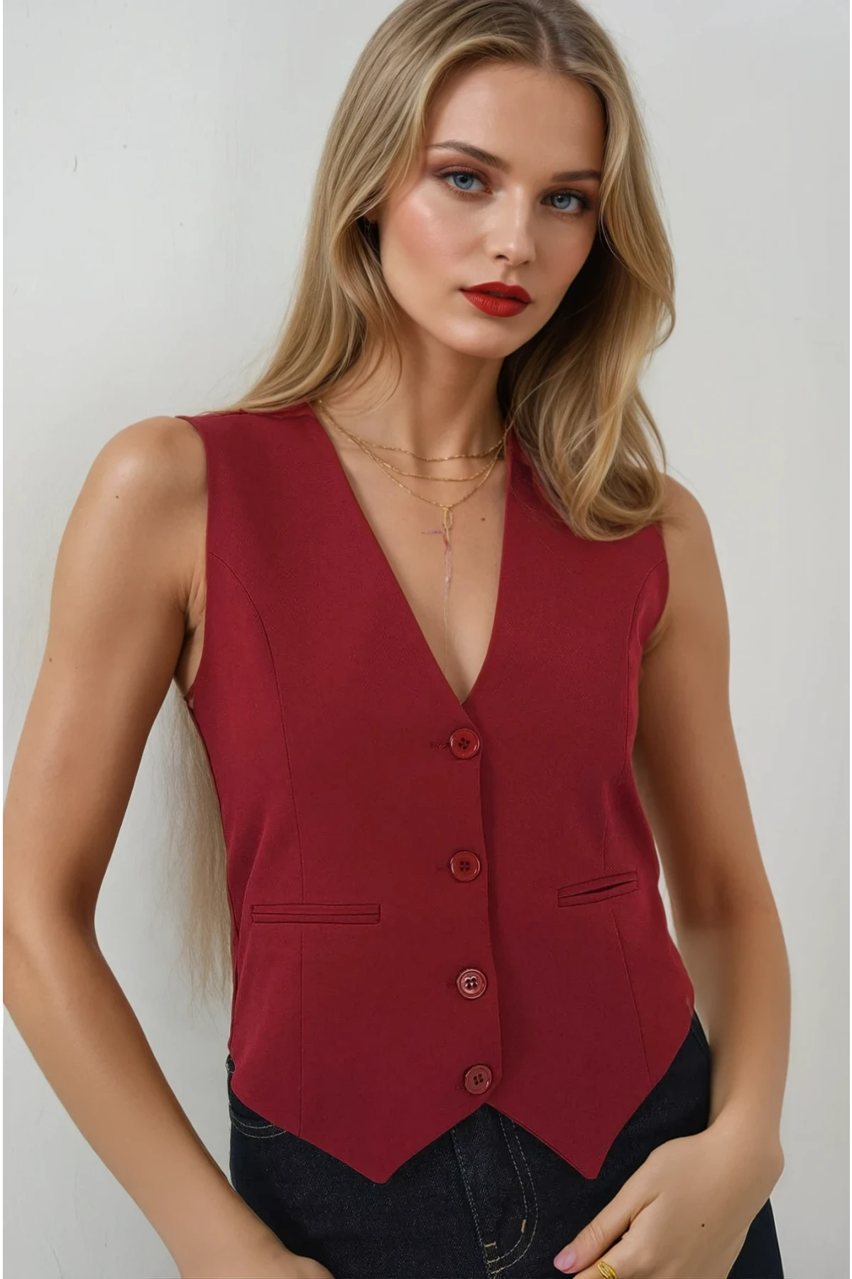 Kadın Bordo Düğmeli Astarlı Yelek HZL25S-BD167961