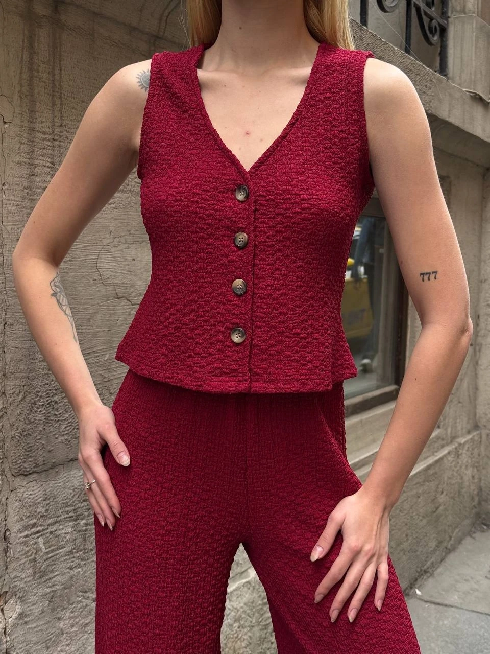 Kadın Bordo Gofre Kumaş Yelek Pantolon İkili Takım HZL25S-ZK13591