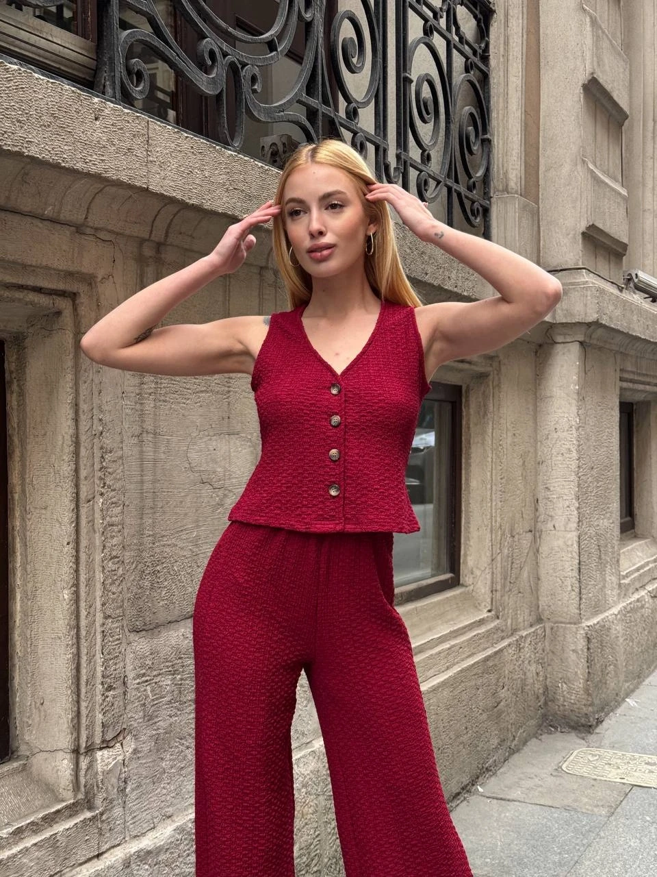 Kadın Bordo Gofre Kumaş Yelek Pantolon İkili Takım HZL25S-ZK13591