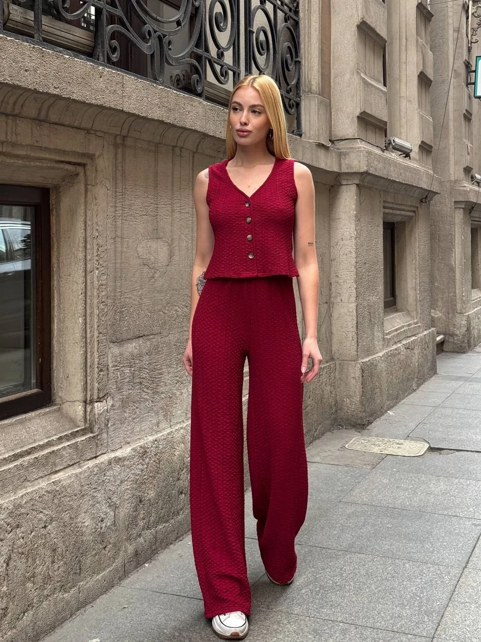 Kadın Bordo Gofre Kumaş Yelek Pantolon İkili Takım HZL25S-ZK13591