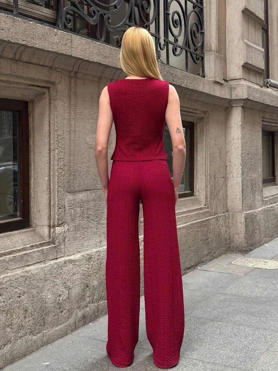 Kadın Bordo Gofre Kumaş Yelek Pantolon İkili Takım HZL25S-ZK13591