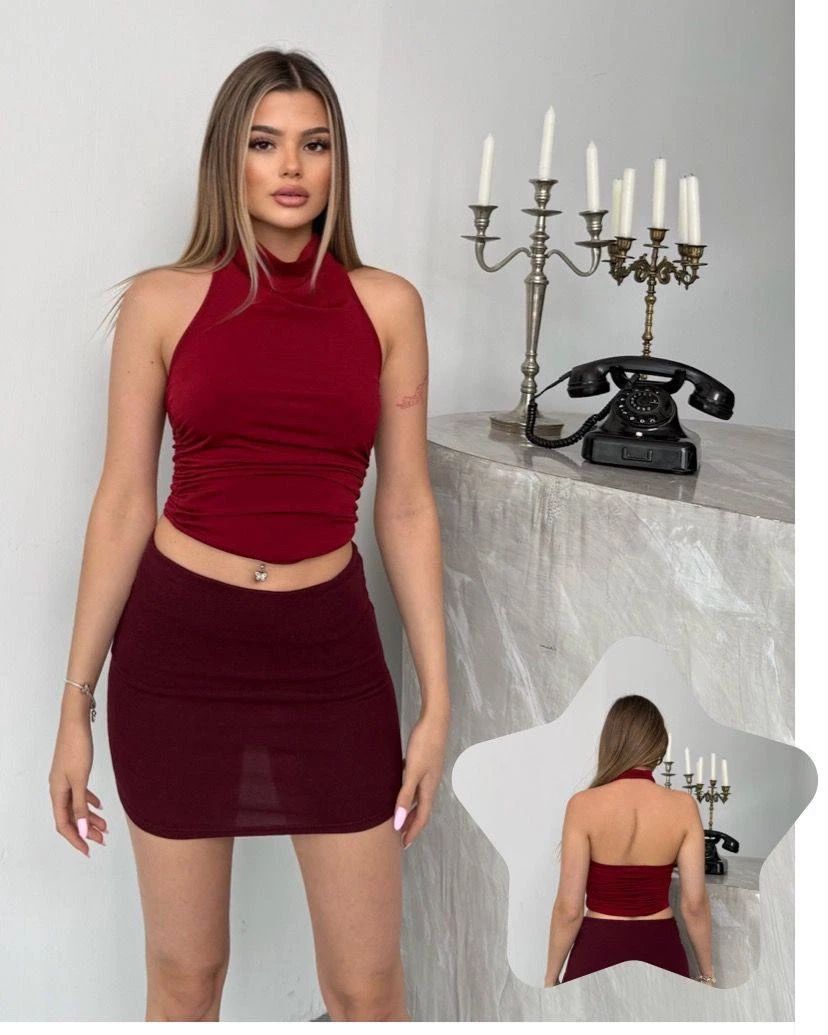 Kadın Bordo Halter Yaka Sırtı Açık Sandy Bluz HZL25S-FRY123141