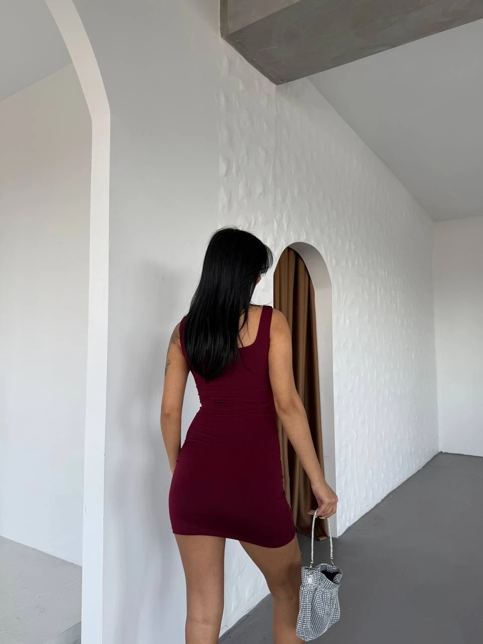 Kadın Bordo Kalın Askılı Yanlardan Drapeli Mini Elbise HZL25S-FRY123081