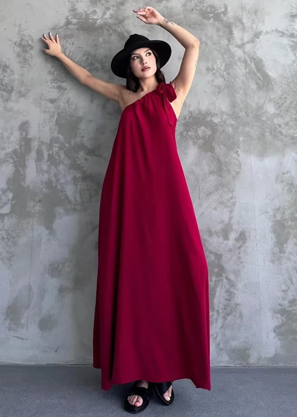 Kadın Bordo Omuzdan Bağlamalı Maxi Boy Dokuma Elbise HZL22S-DSB110031