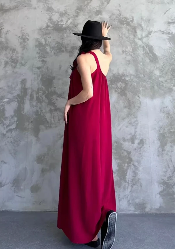 Kadın Bordo Omuzdan Bağlamalı Maxi Boy Dokuma Elbise HZL22S-DSB110031