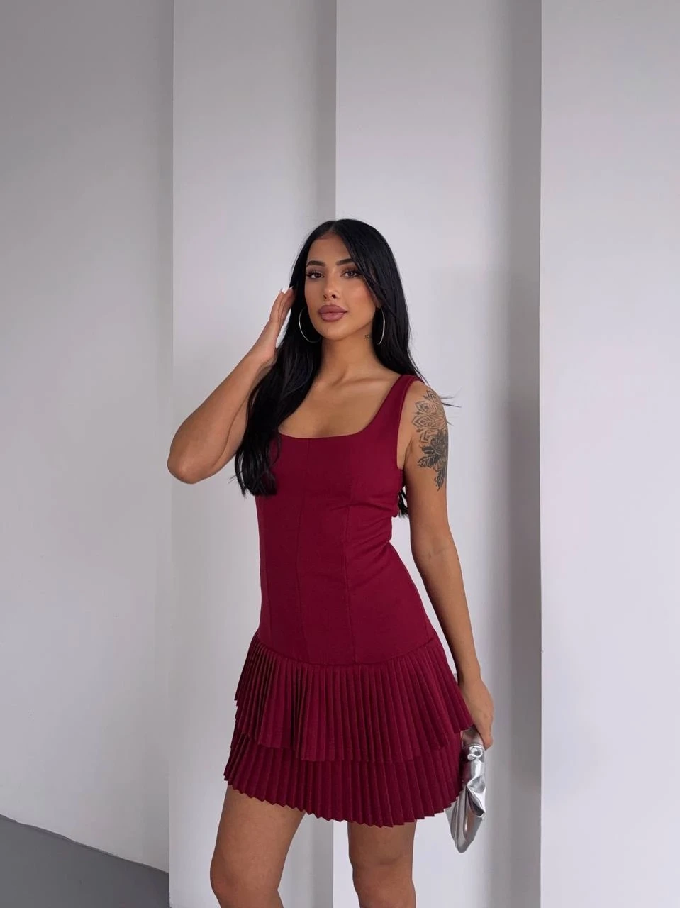 Kadın Bordo Pileli Şortlu Mini Elbise HZL25S-FRY122991