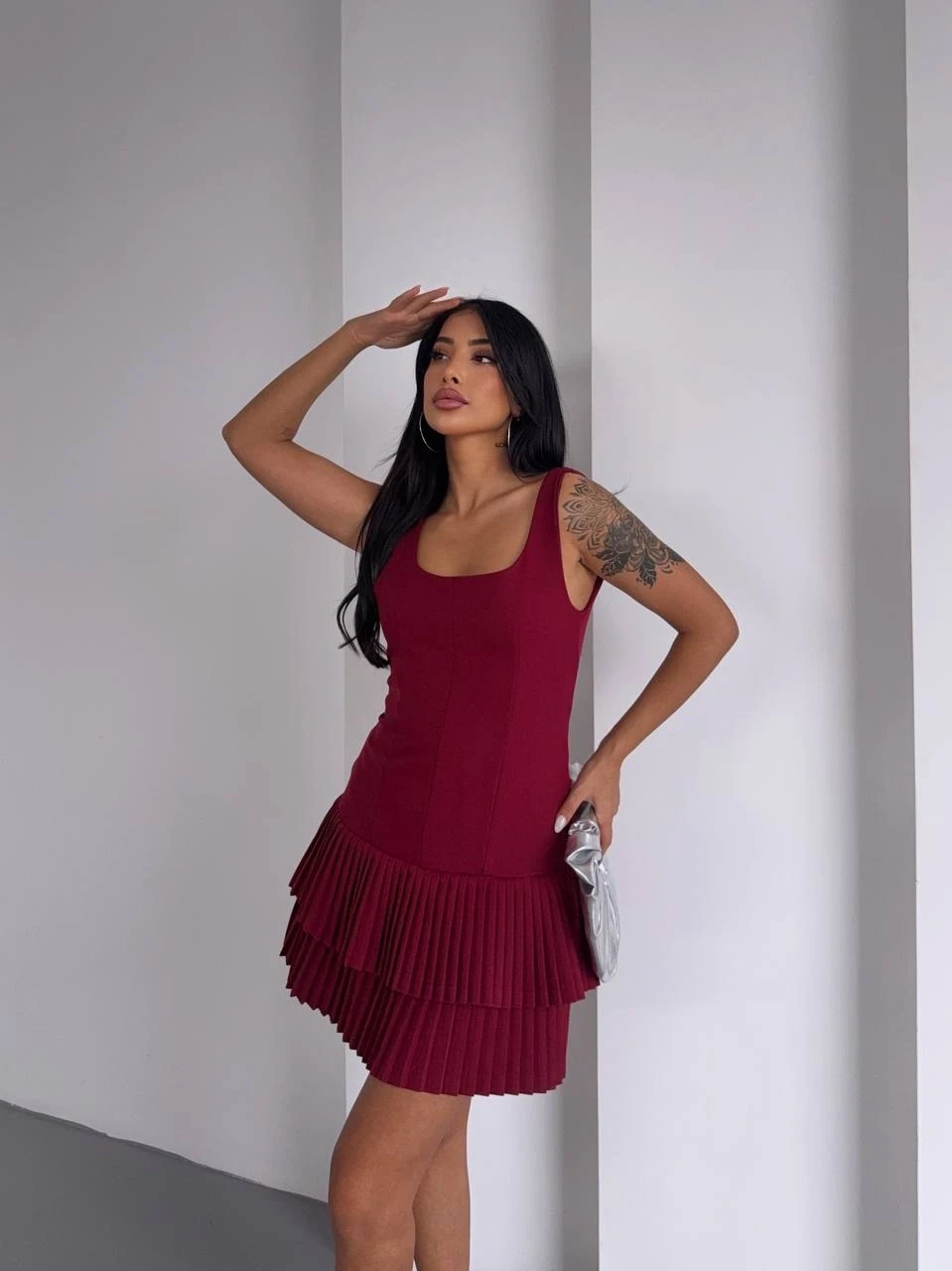 Kadın Bordo Pileli Şortlu Mini Elbise HZL25S-FRY122991