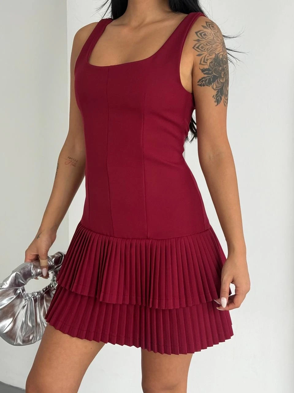 Kadın Bordo Pileli Şortlu Mini Elbise HZL25S-FRY122991