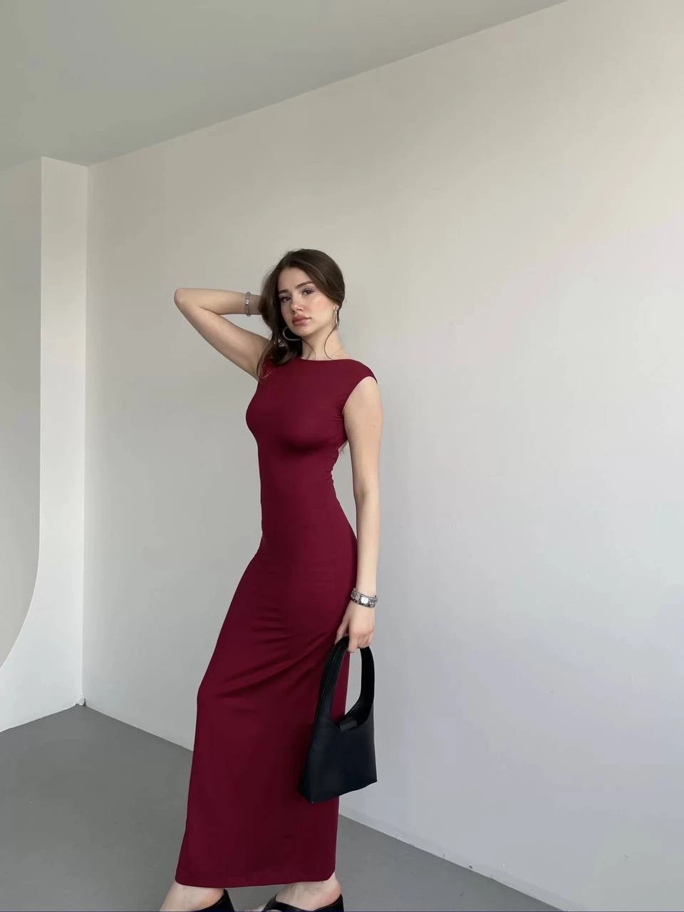 Kadın Bordo Sırt Dekolteli Yumuşak Dokulu Elbise HZL25S-ZK13321