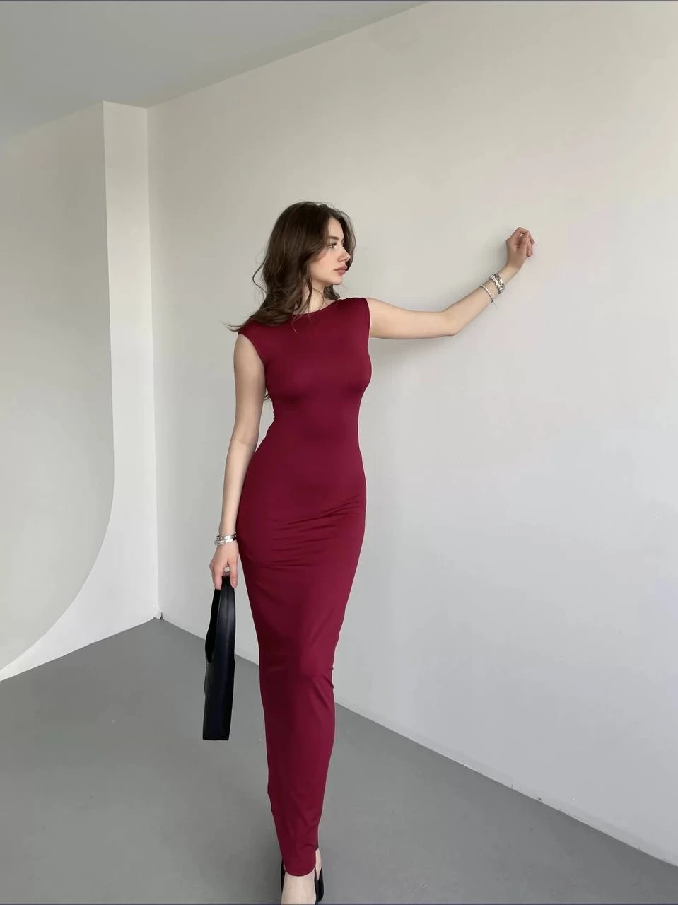 Kadın Bordo Sırt Dekolteli Yumuşak Dokulu Elbise HZL25S-ZK13321