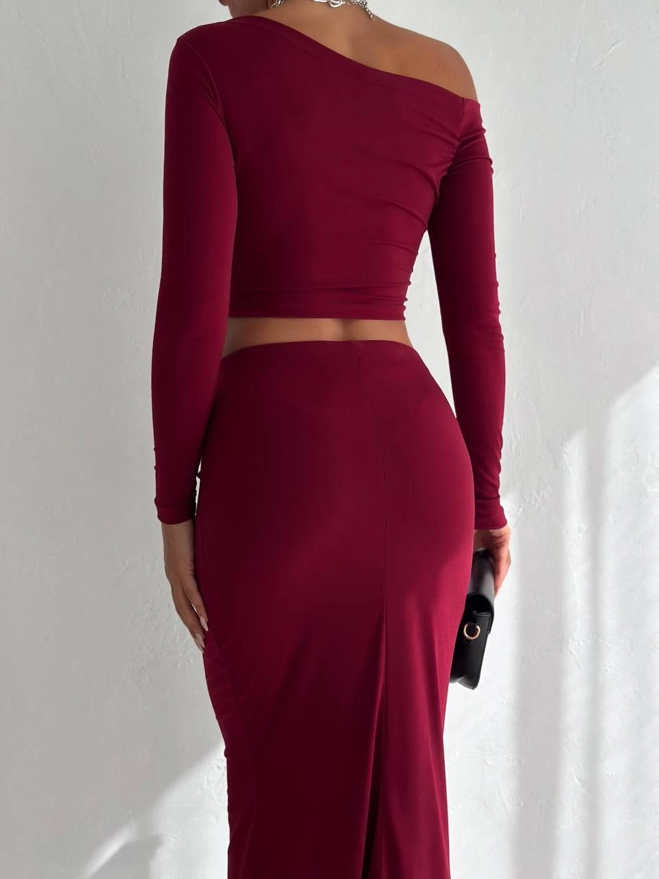Kadın Bordo Tek Omuz Drapeli Sandy Kumaş  İkili Takım HZL25W-FRY122511
