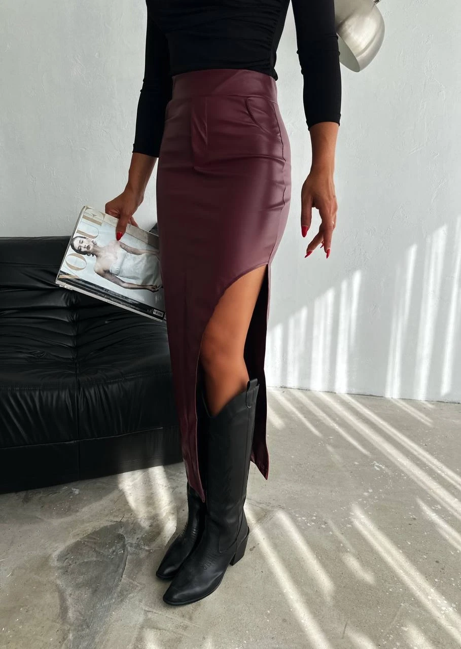 Kadın Bordo Yüksek Bel Cep Detaylı Yandan Yırtmaçlı Etek HZL25W-FRY122461