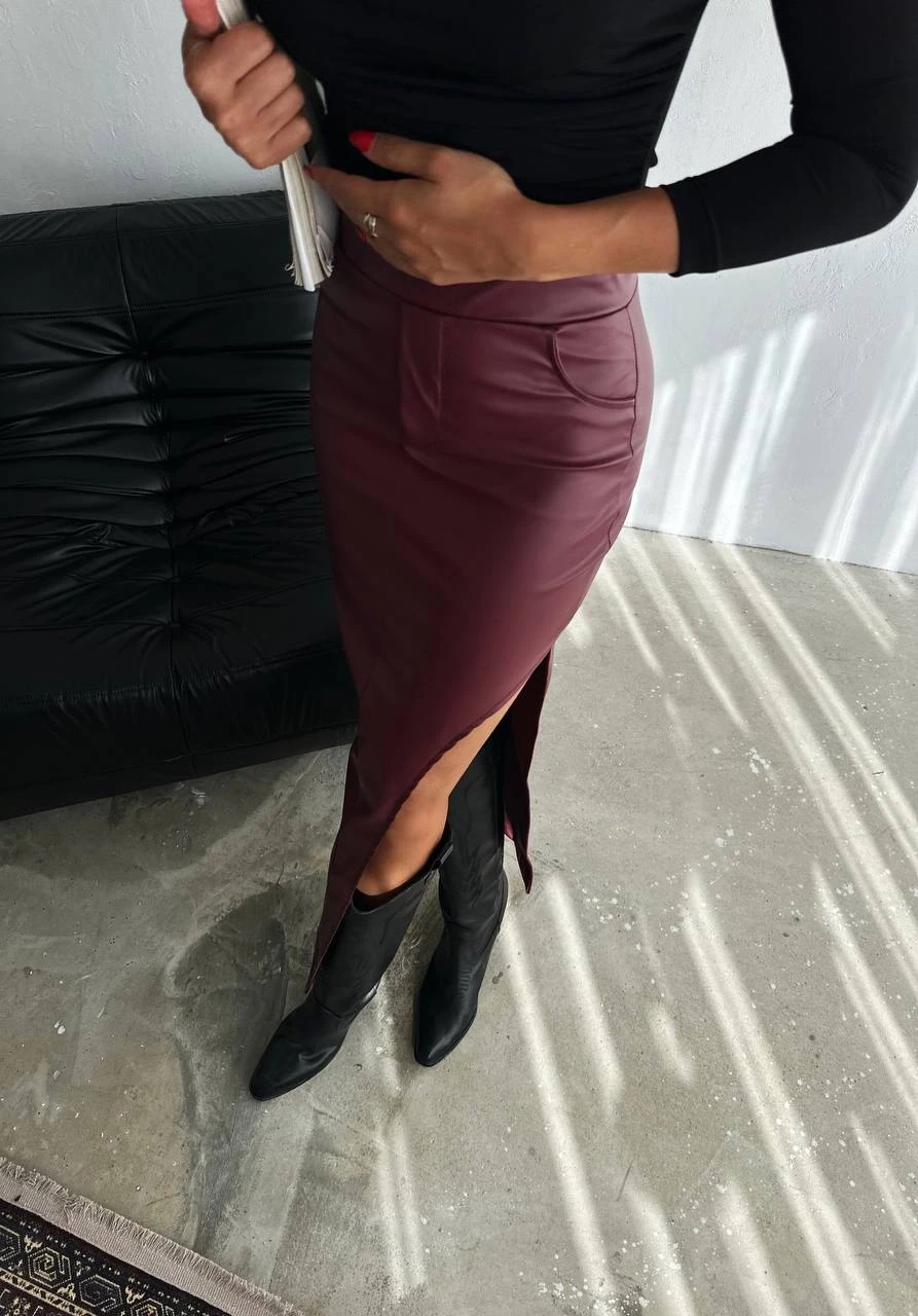 Kadın Bordo Yüksek Bel Cep Detaylı Yandan Yırtmaçlı Etek HZL25W-FRY122461